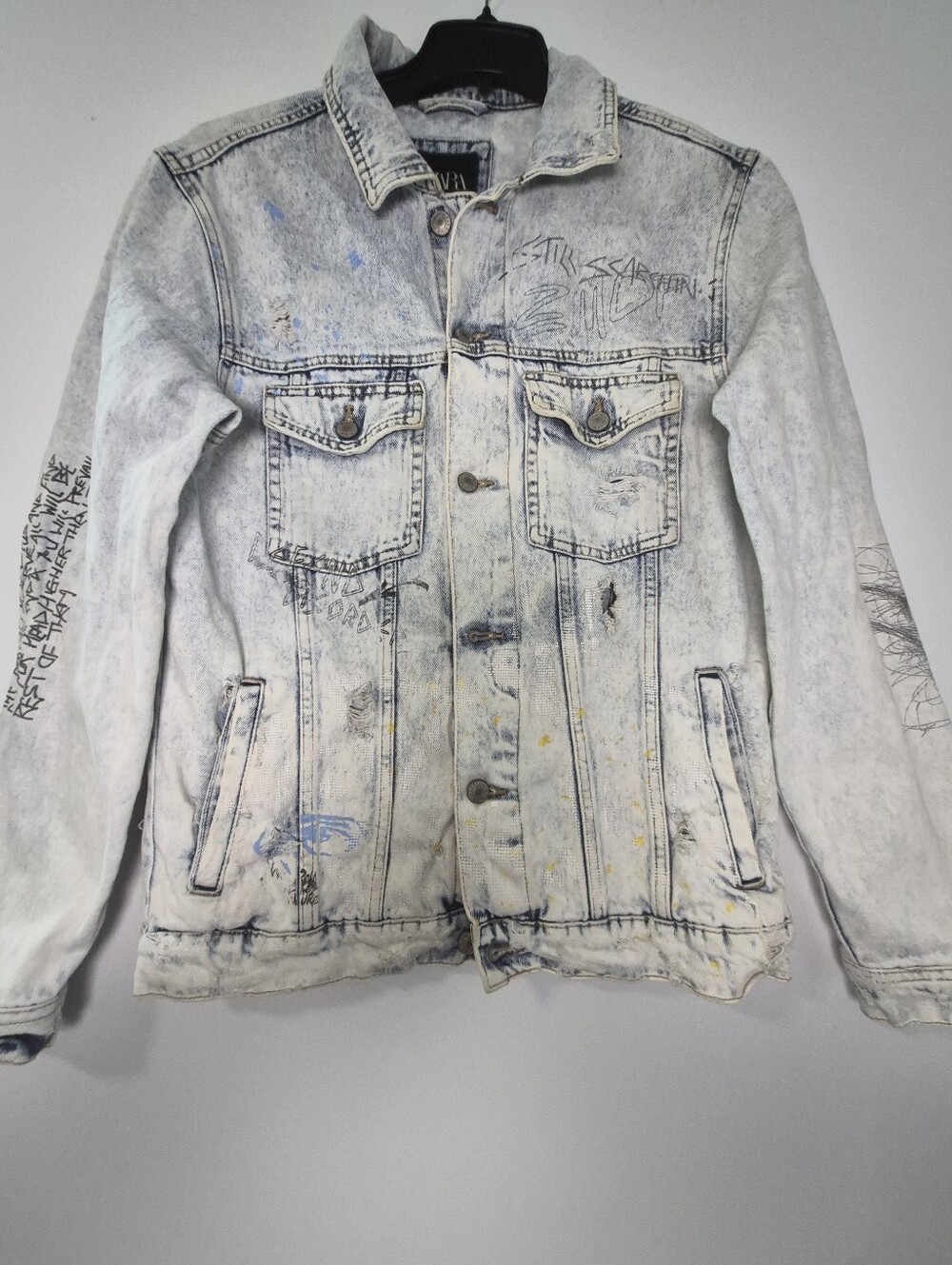 Zara Light Blue Washed Denim Jacket with Graphic Details